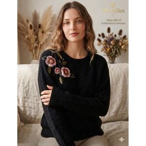 Silverflint Alpaca Blend Crewneck Sweater S Black Floral Embroidered Cottagecore